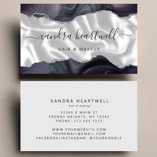 Cartão De Visita Dark Gray Agate Silver Glitter Luxury Stylist (Criador carregado)