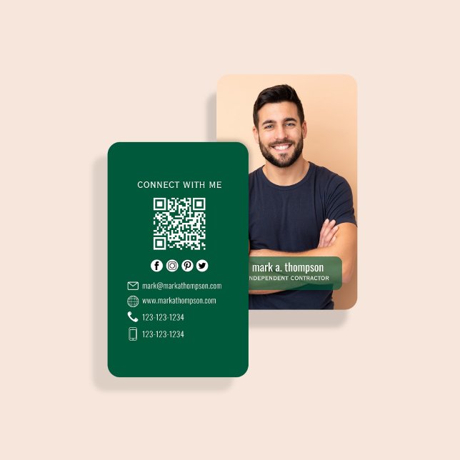 Cartão De Visita Dark Green Photo QR Code Connect With Me (Dark green QR code card with photo and clean modern contact layout)