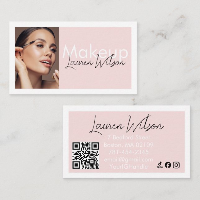 Cartão de Visita de Beleza com Código QR Rosa Bege (Frente/Verso)