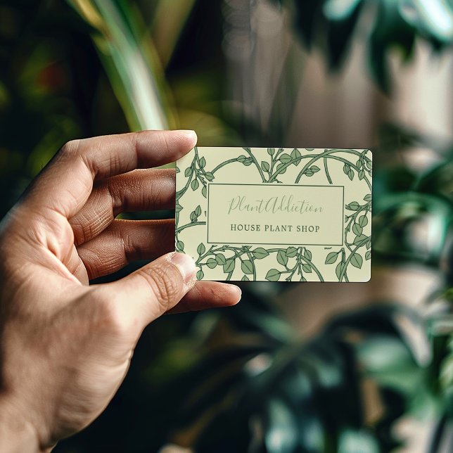 Cartão de visita de bonito padrão de vinhas de jar (Stylish Green and Yellow pretty vines pattern business card with fun text.)