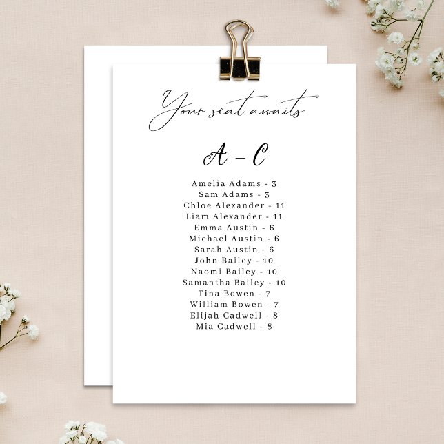 Cartão de Visita de Casamento Alfabético Elegante (Convenient and organized wedding seating chart with alphabetical name arrangement.)