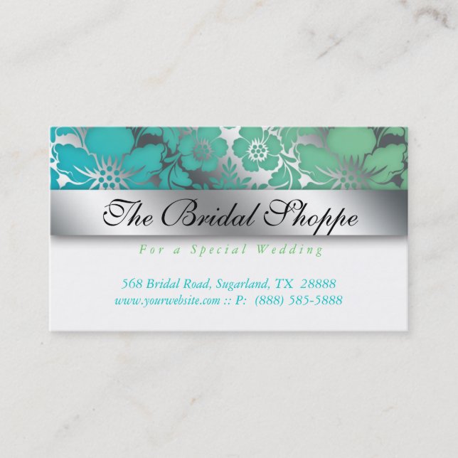 Cartão de visita de Casamento Damask Floral Silver (Frente)