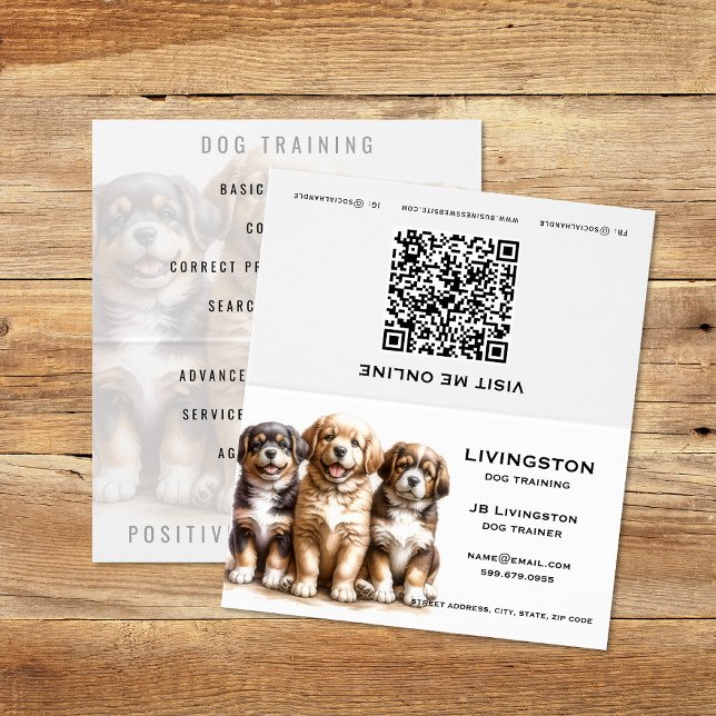 Cartão de visita de Código de QR do Treinador de C (Dog Trainer QR Code Folded Business Cards (unfolded) )