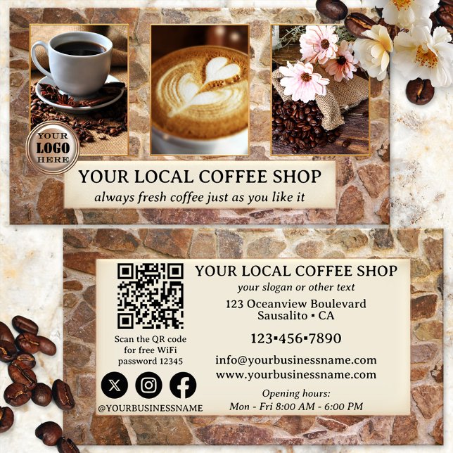 Cartão de visita de código QR de foto de café (Business card for coffee shop owners, featuring your own photos on an industrial stone wall design)
