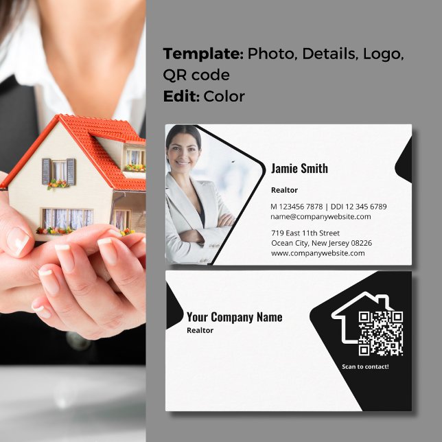 Cartão de visita de Código QR do Realtor Preto e B (Modern Black & White Realtor QR Code Business Card with Profile Photo)