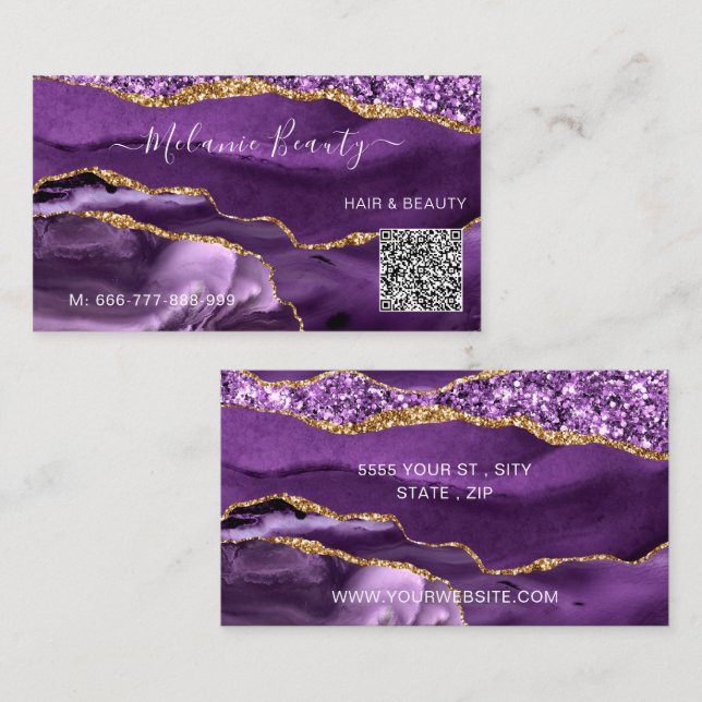 Cartão de visita de Código QR Dourado Roxo Design (Frente/Verso)