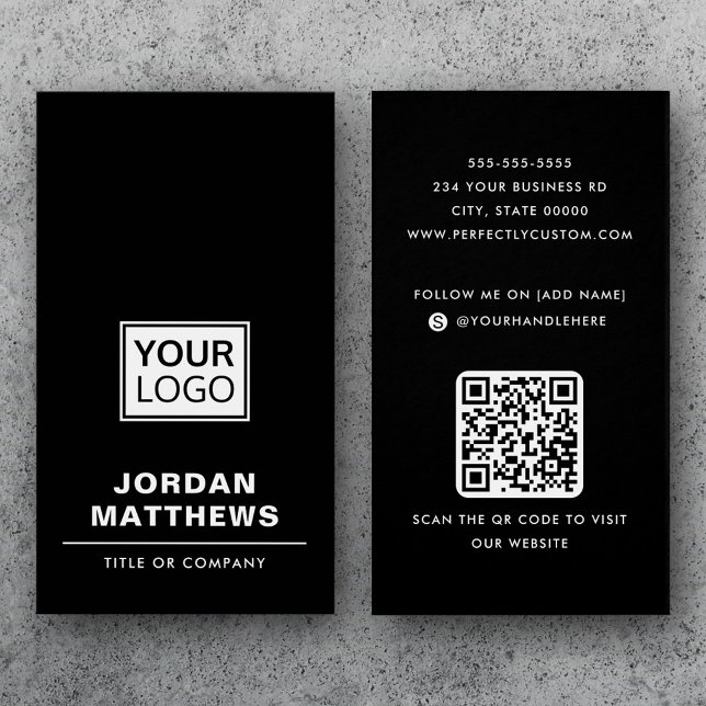 Cartão de visita de código QR para adicionar logot (Black add logo social media QR code business card)