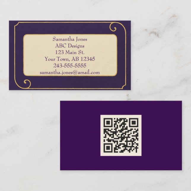 Cartão de visita de Código QR Real Dourado e Roxo (Frente/Verso)