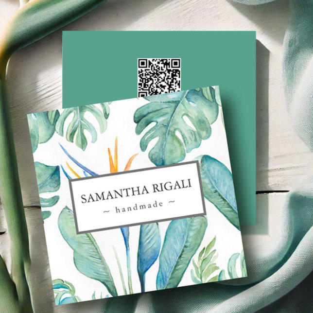 Cartão de visita de código QR tropical - Flor trop (Business cards tropical floral and monstera palm leaf watercolor art by Victoria Grigaliunas)