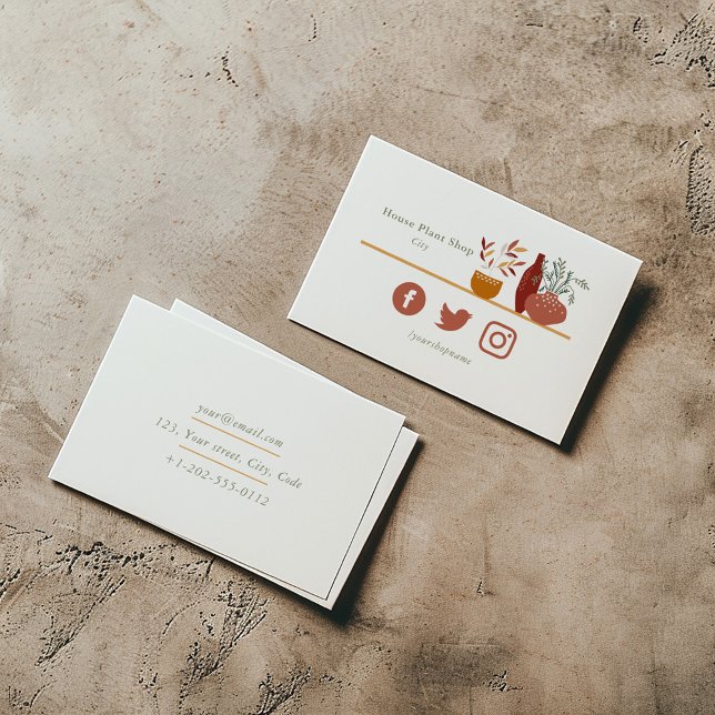 Cartão de visita de compro de plantas para casas p (House plant shop business card with minimalist plant illustration and social media icons.)