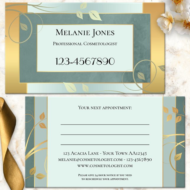 Cartão de visita de Compromisso do Dourado Mint Gr (Professional business card featuring a geometric design with swirling leaves on mint green and gold)