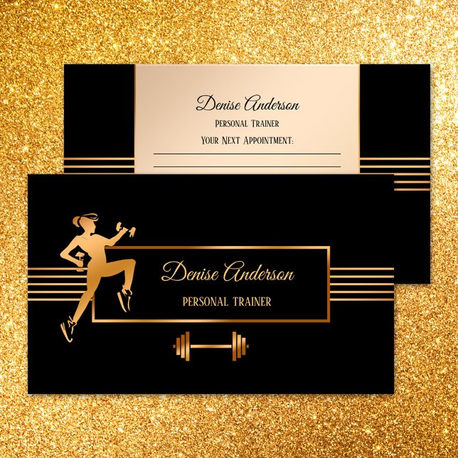 Cartão de visita de Compromisso do Treinador de Ma (Appointment business card for a personal trainer or fitness instructor in rose gold and black)