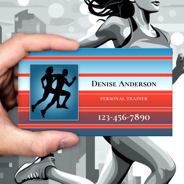 Cartão de visita de Compromisso do Treinador de Ma (Sports appointment business card featuring joggers on a red and blue striped design - athletic)