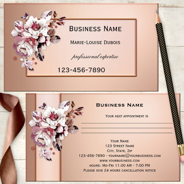 Cartão de visita de Compromisso Floral Dourado do  (Appointment business card in chic rose gold or red copper metallic with elegant vintage flowers)