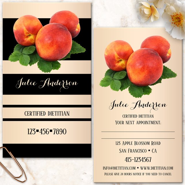 Cartão de visita de Compromisso Nutricionista Diet (Nutritionist business card featuring a striped design in black and light rose gold with peaches)