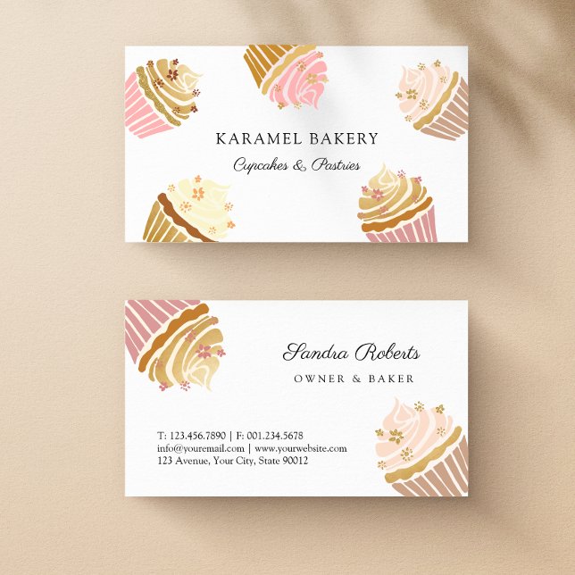 Cartão de visita de Cupcakes Dourados Cor-de-rosa- (Blush Pink and Gold Cupcakes Bakery Business Card)