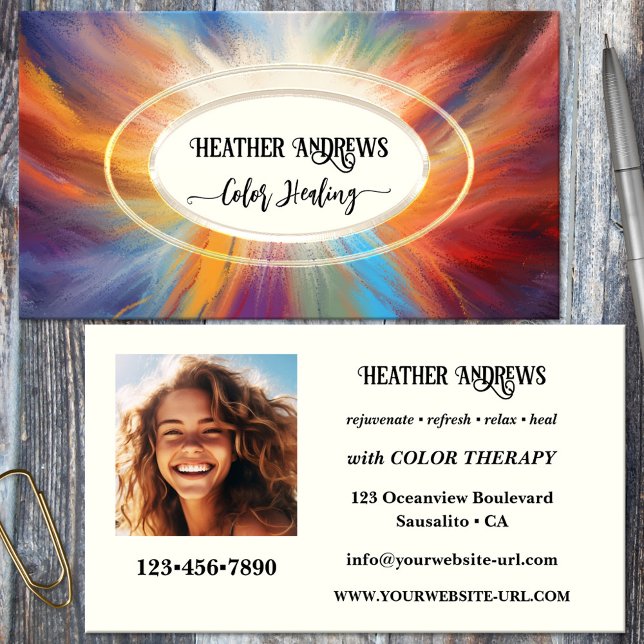 Cartão de Visita de Cura com Cor Atraente (Business card featuring a colorful and vibrant design with a light center - healer - color therapy)