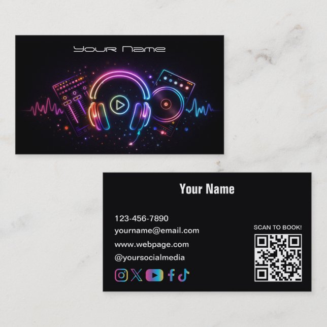 Cartão de Visita de DJ Neon Moderno (Frente/Verso)