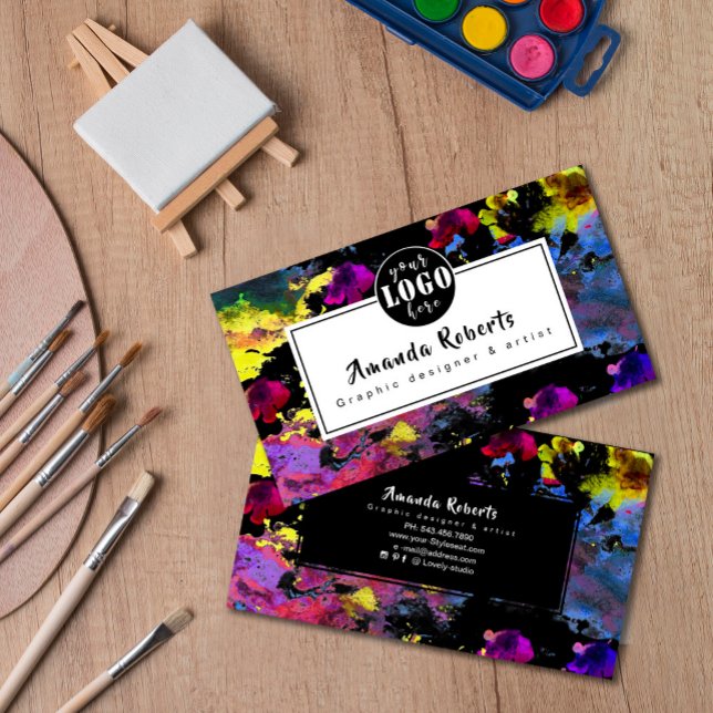 cartão de visita de flores de abstrato aquarela (Abstract watercolor flowers artist business card #zazzlemade #addlogo #artistbusinesscard #colorful)