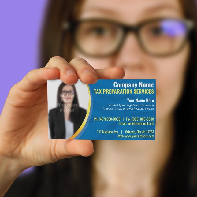 Cartão de visita de Foto de Preparação de Imposto  (Customize tax preparer business cards by replacing with your own text and photo)