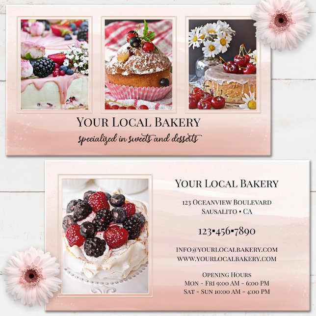Cartão de visita de Foto do deserto da padaria doc (Sweet bakery photo business card featuring imagery of sweet cakes and desserts on pink watercolor)