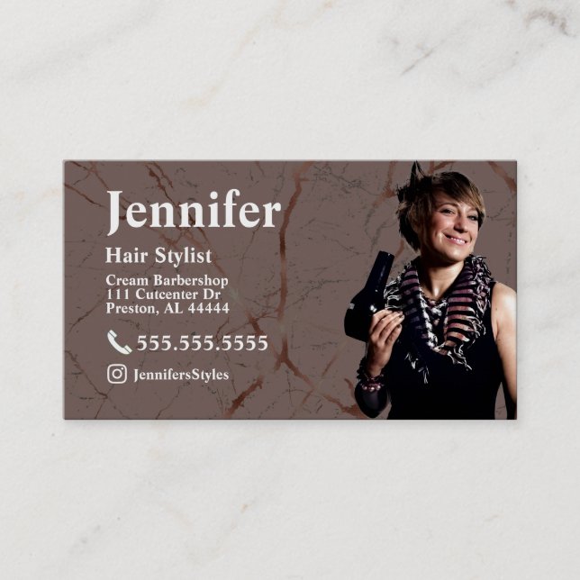 Cartão de visita de Foto Marble Stylist com Código (Frente)