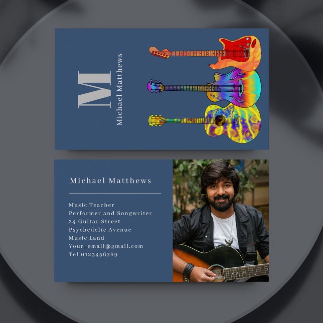 Cartão de visita de Fotografia Personalizada de Pr (Modern guitar music teacher custom photo business card)