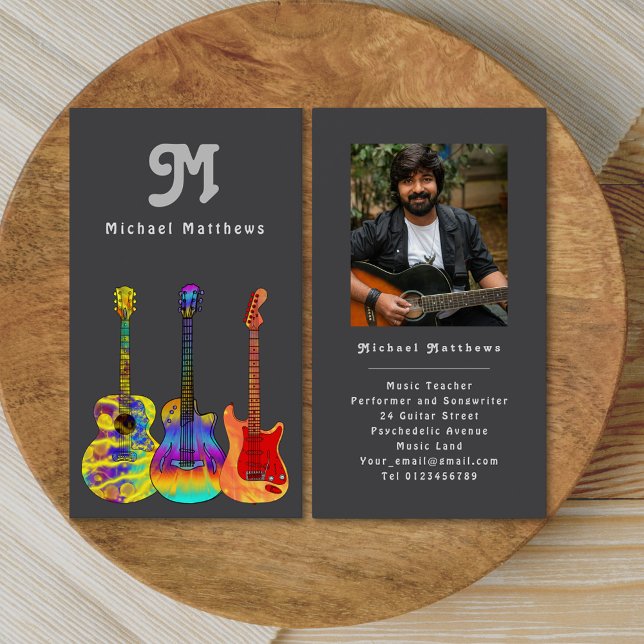 Cartão de visita de Fotografia Personalizada de Pr (Retro guitar music tutor custom photo business card)
