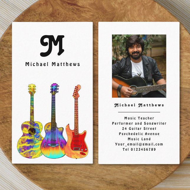 Cartão de visita de Fotografia Personalizada do Pr (Modern retro guitar music teacher professional musician photo black and white simple Business card )