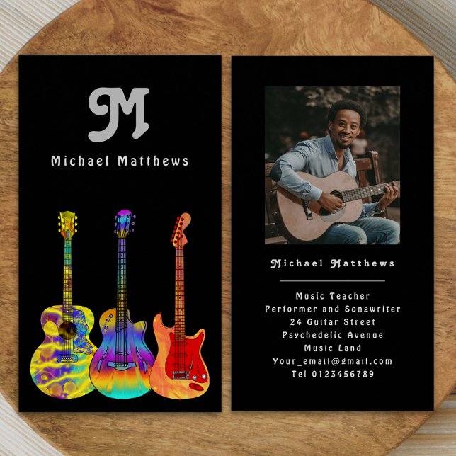 Cartão de visita de Fotografia Personalizada do Pr (Modern music teacher professional musician gray black photo Business card personalized monogram )