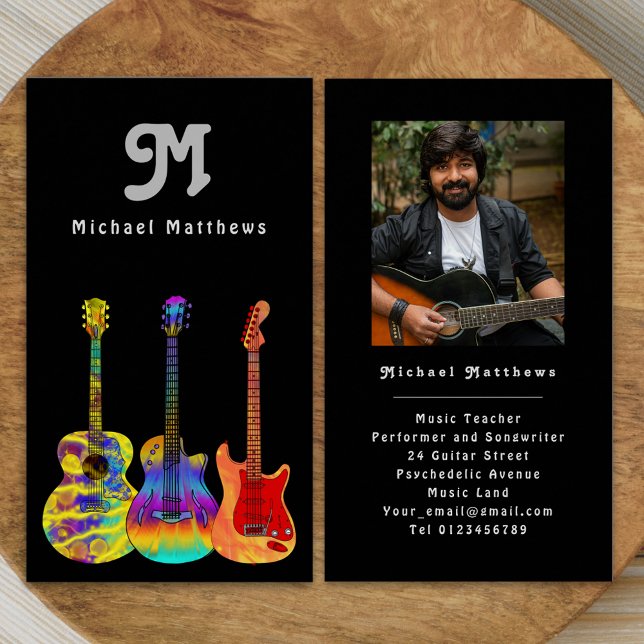 Cartão de visita de Fotografia Personalizada do Pr (Retro modern guitar music teacher professional musician photo Business card Colorful guitar art)