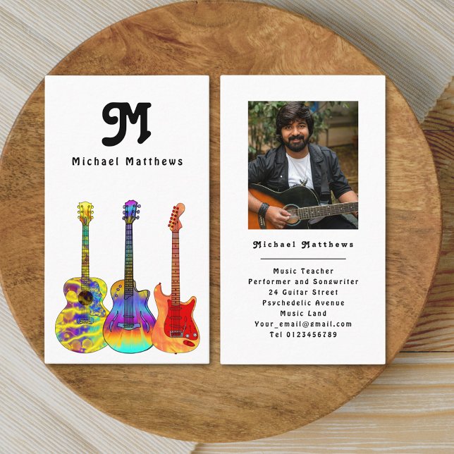 Cartão de visita de Fotografia Personalizada do Pr (Guitar teacher custom photo business card with groovy typography and trendy psychedelic guitars )