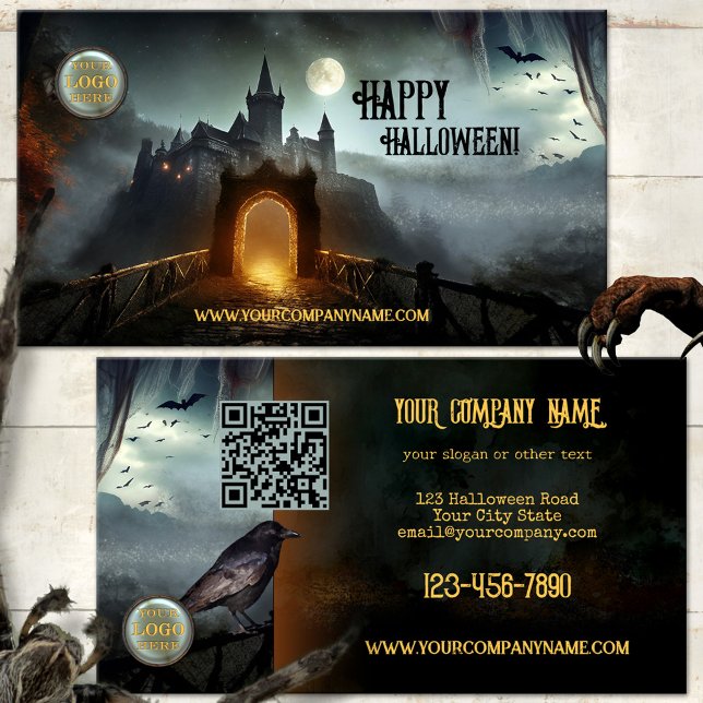 Cartão de visita de Halloween do Castelo da Noite  (Halloween business card featuring a dark castle with a full moon and bats and a raven on the back)