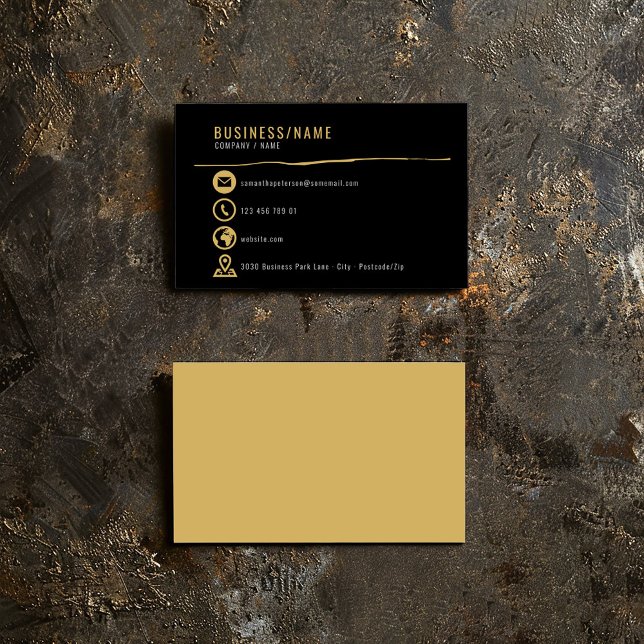 cartão de visita de ícones Dourados (Gold icons business card on a bold black background.)