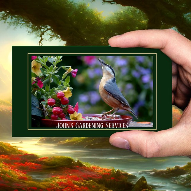 Cartão de visita de jardinagem de paisagens verdes (Business card featuring garden scenes with flowers and a cute bird - garden design and maintenance)
