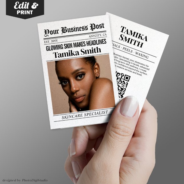 Cartão de visita de jornal, esteticista (Newspaper Business Card, Aesthetician Calling Card)