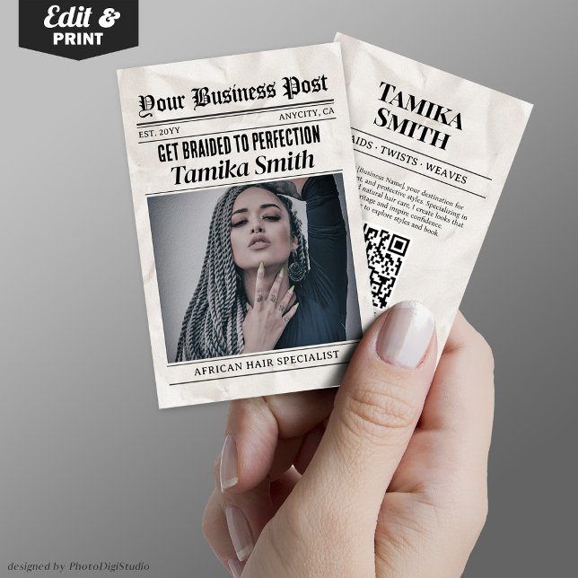 Cartão de visita de jornal, freio de cabelo africa (Newspaper Business Card, African Hair Braiding Calling Card)