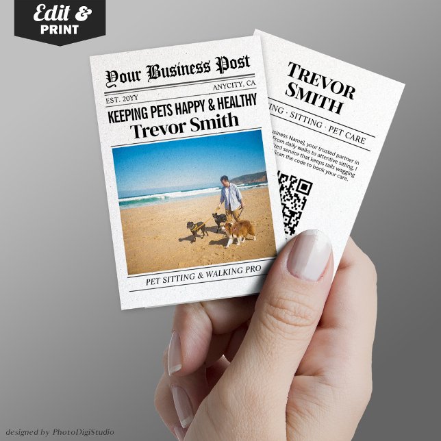 Cartão de visita de jornal, Pet Sitter e Dog Walke (Newspaper Business Card, Pet Sitter and Dog Walker Calling Card)