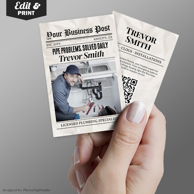 Cartão de visita de jornal, Plumber Plumber Pro (Newspaper Business Card, Plumber Plumbing Pro Calling Card)