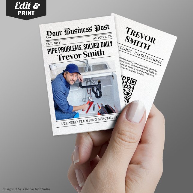 Cartão de visita de jornal, Plumber Plumber Pro (Newspaper Business Card, Plumber Plumbing Pro Calling Card)