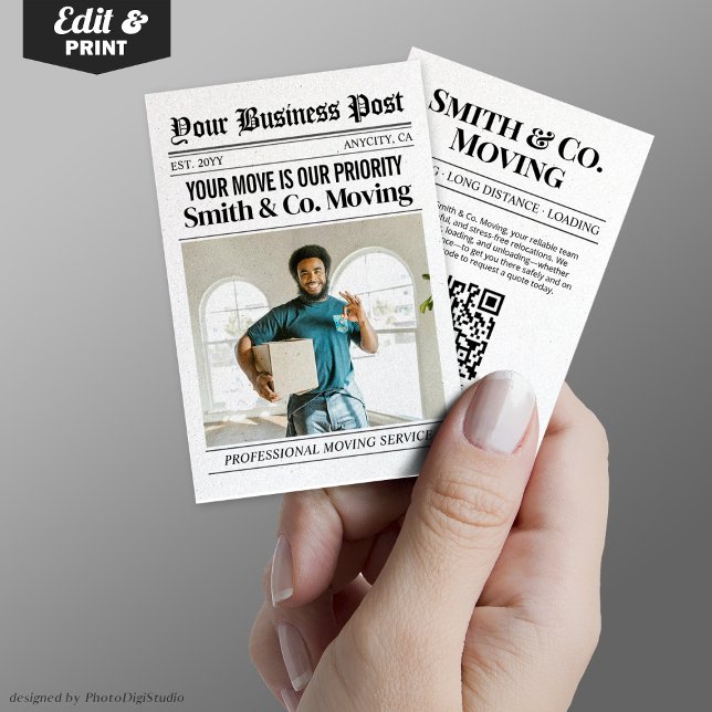 Cartão de visita de jornal, serviços de embalagem  (Newspaper Business Card, Packing & Moving Services Calling Card)