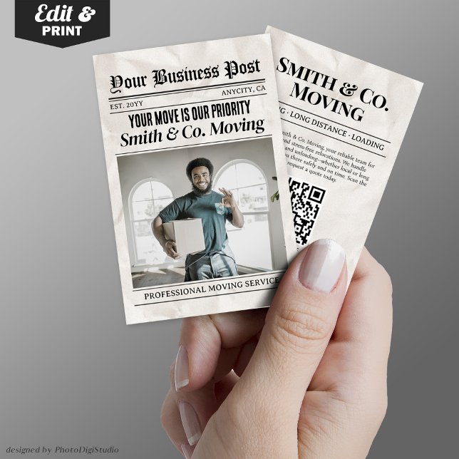Cartão de visita de jornal, serviços de embalagem  (Newspaper Business Card, Packing & Moving Services Calling Card)