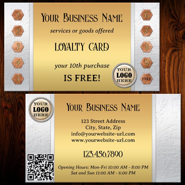 Cartão de visita de Lealdade Dourada Elegante Silv (A modern chic loyalty business card featuring a gold image on silver with rose gold punch numbers)