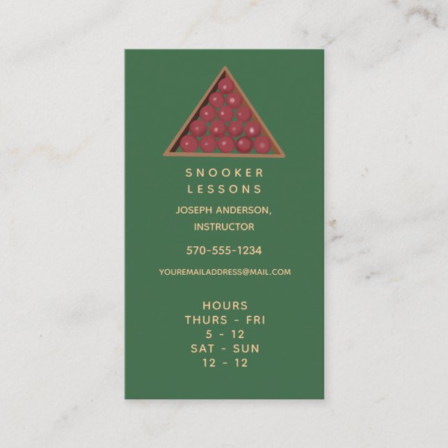 Cartão de visita de Lições Snooker com Horas (Frente)