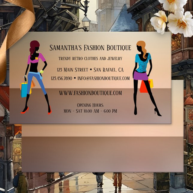 Cartão de visita de loja de moda feminina (Fashion business card featuring images of two women with shopping bags on a faded background)