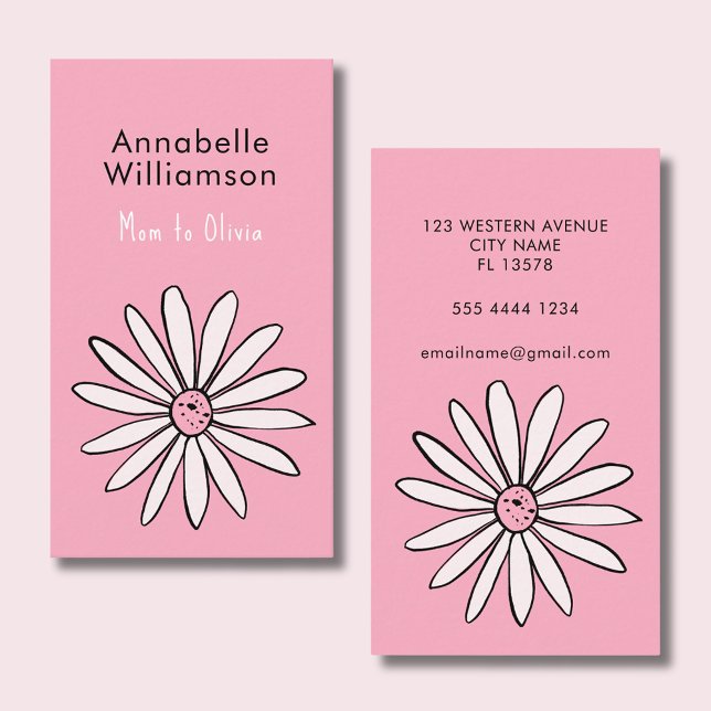 Cartão de visita de mamãe Pink Daisy (Mommy calling card with cute daisy & pink background. Perfect for playdates & parent networking.)