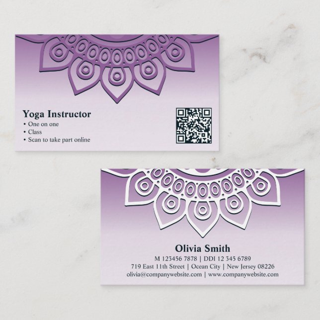 Cartão de visita de Mandala Yoga Roxo Profissional (Frente/Verso)
