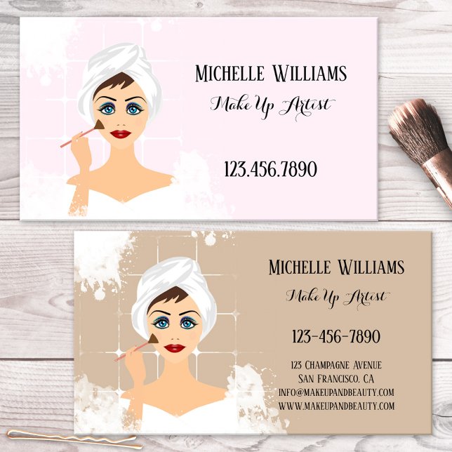 Cartão de visita de maquiagem e beleza (Business card featuring an illustration of a woman applying makeup - makeup artist - beauty)