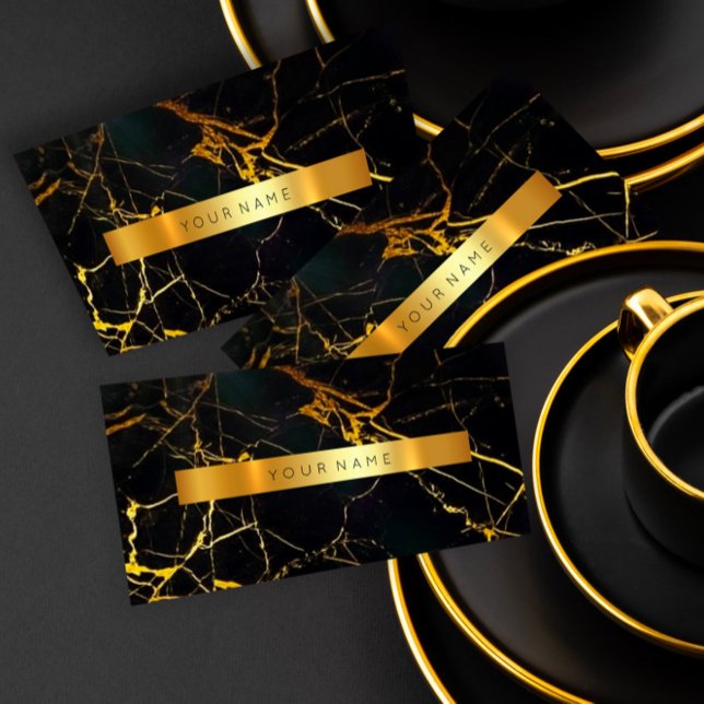 Cartão de visita de mármore Dourado, preto, branco (Navy Black Grungy Gold Marble Vip Business Card)