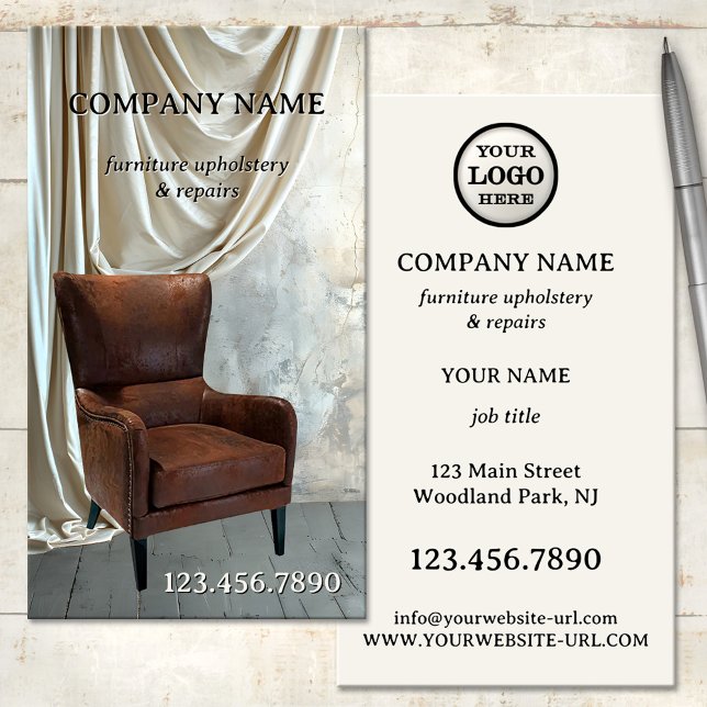 Cartão de visita de Mobiliário (Professional furniture upholstery or furniture repair business card featuring a vintage chair)